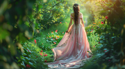 Elf queen walks in green garden. Woman in silk pink dress - Powered by Adobe