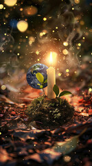 a birthday greeting, the image should contain the earth, Candle light and elements of health and light