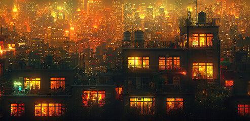 Obraz premium Night city, Lit up windows of residential block