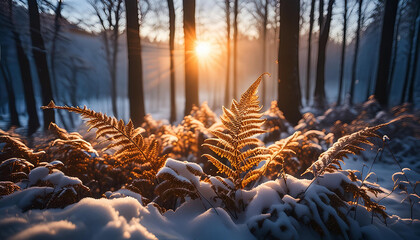Zimowy poranek w lesie, paprocie. Generative AI - 796666491