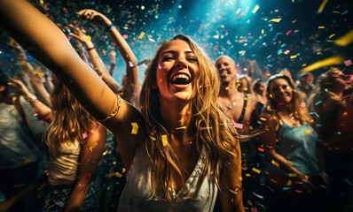 Happy young woman through up confetti at night club party. Friendship, happiness, celebration, togetherness idea