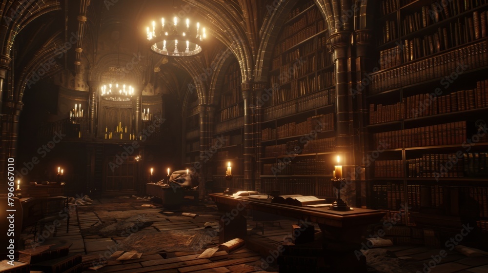 Poster hidden deep within a vast library a lone scholar pores over an ancient mcript searching for clues to
