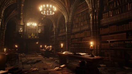 Obraz premium Hidden deep within a vast library a lone scholar pores over an ancient mcript searching for clues to unlock the secrets of the Philosophers . .