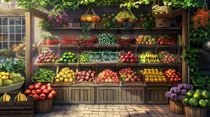 Bountiful Fruit Stand Overflowing with Fresh Produce.