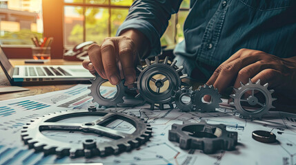 Obraz premium businessman hand working with new modern computer and business strategy gear to success as concept.