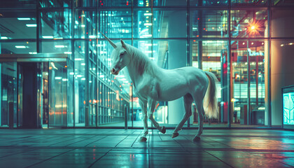 Majestic white unicorn standing gracefully in modern business offices building setting with reflective floors and glass walls. Stunning representation of fantasy and beauty of billion dollar company