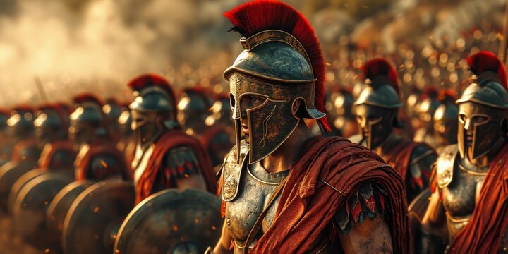 Ancient Roman legionary warrior in armor against the background of the battle