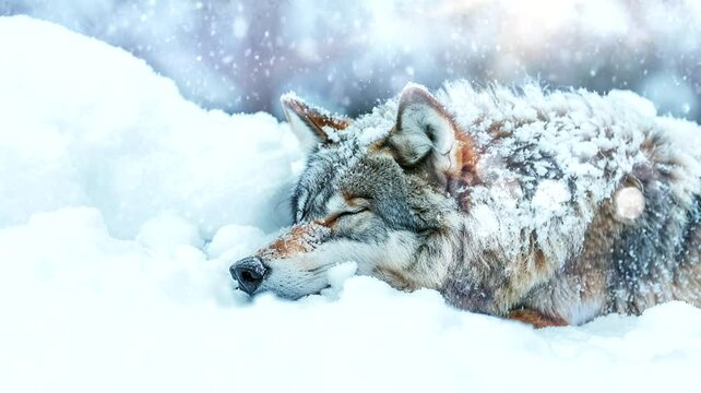 Scene of a wolf sleeping, animated illustration motion video repeating 4k