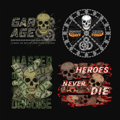 Set of camouflage labels with human skull, gears, dollar money. Dark grunge t shirt graphics in gothic style. For apparel, fabric, textile, sport goods. Not AI