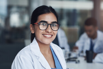 Portrait, group and woman in meeting, doctor and healthcare with medicare, glasses and employee....