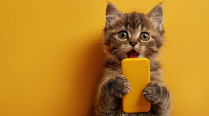 Little kitten shocked hold mobile cell phone isolated on yellow color background. Cute cat holds phone surprised shopping concept