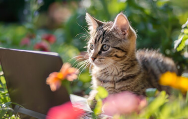 Cute cat relaxing at park with laptop. Happy kitten shopping outside. Funny creative concept for advert, poster, app, web, online sale