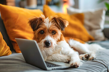 Cute little puppy relaxing at home with laptop. Happy dog shopping at home. Funny creative concept for advert, poster, app, web, sale