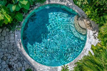 Aerial view of a clear circular pool surrounded by lush greenery and patterned paving, sunlight casting sparkling reflections on water, suitable for leisure and travel concepts, space for text