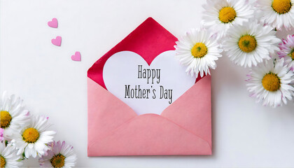 Happy mothers Day. Pink Envelope with Heart-Shaped Paper on Pink Background for Celebrations like Valentine's Day and Mother's Day