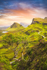 Scenic vertical view of Quiraing mountains in Isle of Skye, Scottish highlands, United Kingdom
