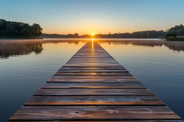 Wooden pier extending into a calm lake with the sun rising at the horizon, surrounded by trees, serene landscape perfect for themes of tranquility, meditation, nature, background with space for text