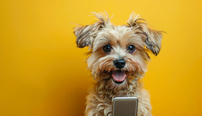 Funny puppy dog shocked hold mobile cell phone isolated on yellow background. Cute dog holds phone...