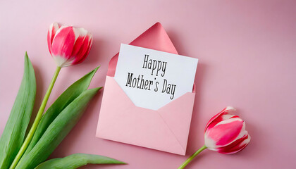 Happy mothers Day. Pink Envelope with Paper on Pink Background for Celebrations like Valentine's Day and Mother's Day