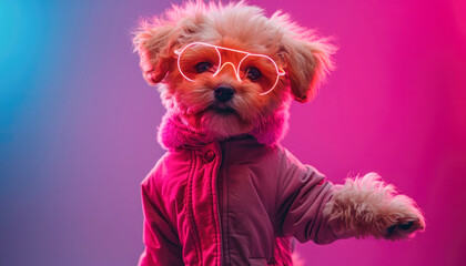 Happy cute puppy dj stands in a vibrant festival party background in neon lights. Funny dog celebrating summer nightlife. Nightclub party concept