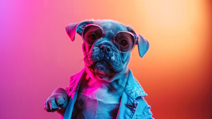 Happy cute puppy dj stands in a vibrant festival party background in neon lights. Funny dog...
