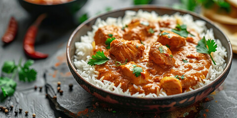 Delicious and aromatic chicken tikka masala, a classic and popular dish from Indian cuisine, served with fluffy rice