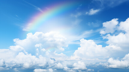 Fototapeta premium Vivid Rainbow in Blue Sky with Fluffy White Clouds