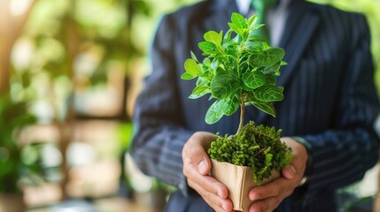 A man is holding a small plant in a brown bag