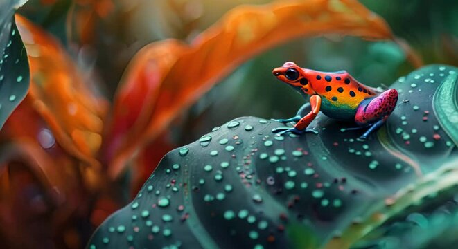 Vibrant dart frog on a leaf, venomous beauty, documentary style,