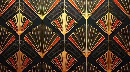 A gold and black patterned wall with red accents