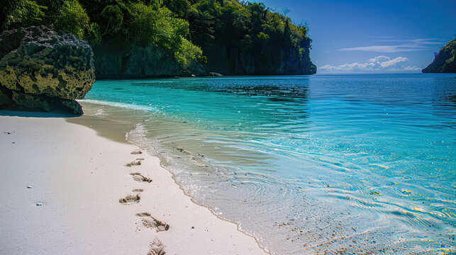 Footprints in the soft, white sand leading to a secluded cove, where the water sparkles with a thousand shades of blue.