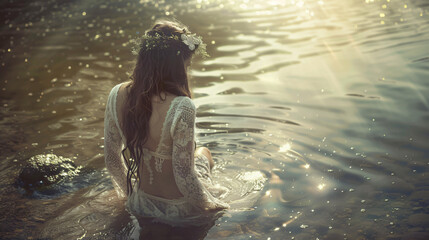 Fairy in vintage white lace dress sitting on stone water