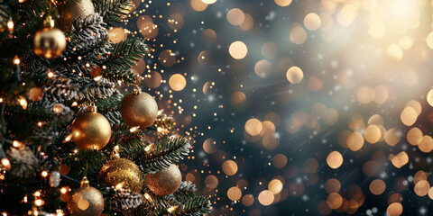 Festive Christmas tree adorned with gold ornaments on dark background for holiday celebrations