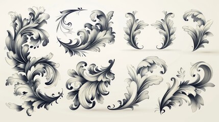An isolated modern illustration template set that features calligraphic swirl ornaments, line style flourishes.