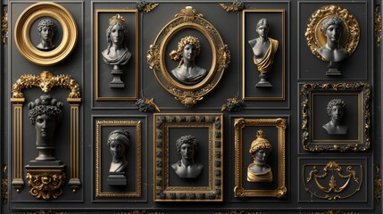 A set of isolated modern illustration templates featuring realistic picture frames and empty gold museum borders