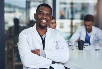 Portrait, black man and doctor in hospital, healthcare and physician for medical health staff. Professional, expert or surgeon with stethoscope, male and cardiologist for case research with colleague - obrazy, fototapety, plakaty