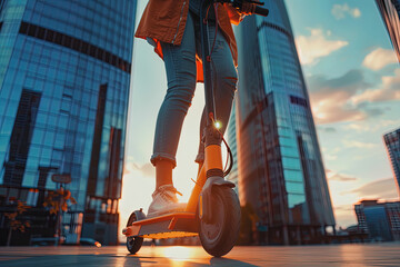 Elektro-Mobilität Nahaufnahme einer Frau mit einem E-Roller in der Stadt