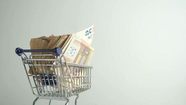shopping cart with 50 euro note bills on white background empty space 
