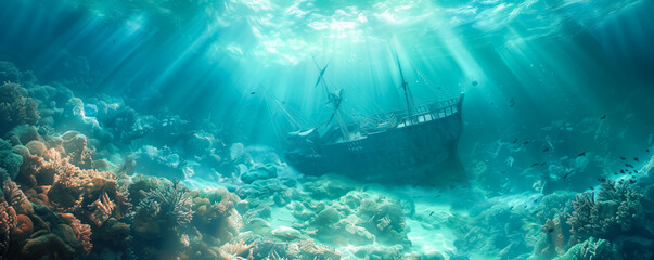 Illustration of shipwreck lying at the bottom of the sea in sunbeams.