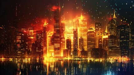 Obraz premium A cityscape with a large fire burning in the background