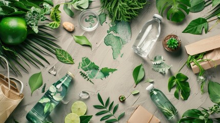 Fototapeta premium A table with a variety of plants and bottles, including a bottle of water