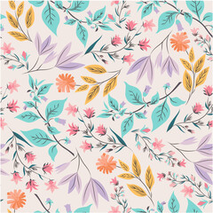 Seamless floral pattern, spring background. Hand drawn vector illustration with leaves and flowers.