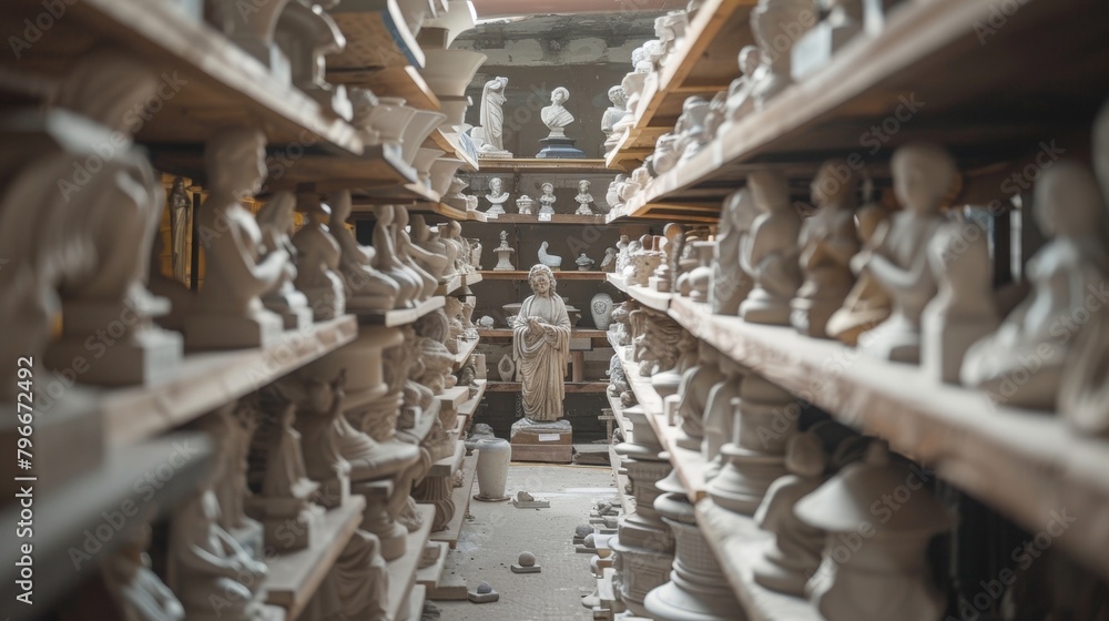 Poster the defocused background frames a small alcove filled with rows of unfinished sculptures each one a 