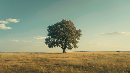 Majestic Solitary Tree in Vast Open Field.