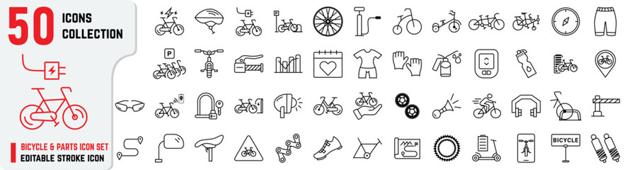 Set of Bicycle and Parts editable stroke icons also includes repair, Pino Tandem, charging, service, mirror, horn, brake icons. Electric Bicycle 50+ thin icon collections