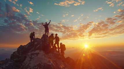 Male hiker celebrating success on top of a mountain in a majestic sunrise and Climbing group friends helping hike up .Teamwork, Helps,Success, winner and Leadership.