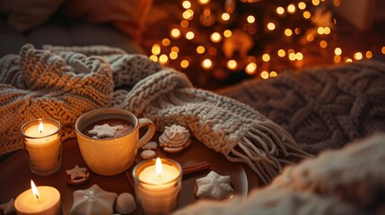 A tray of cookies and a cup of hot chocolate with candles on it