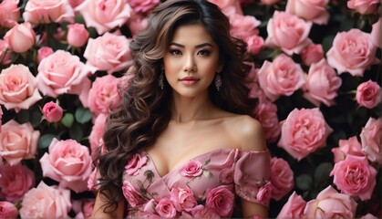 pink roses background for asian beautiful happy woman on dress from Generative AI