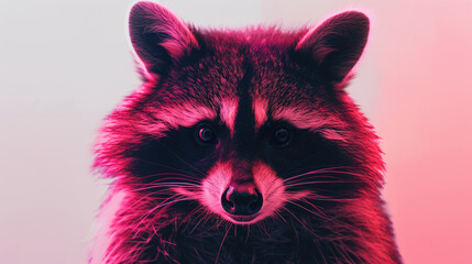 frontal view of a grim looking raccoon on white background, ethereal, dreamcore a vertifcal neon red light , professional color grading