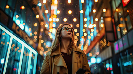 Obraz premium Portrait of a Beautiful Woman in Trench Coat Walking in a Modern City Street with Neon Lights at Night. Attractive Female Using Smartphone and Looking Around the Urban Cinematic Environment.